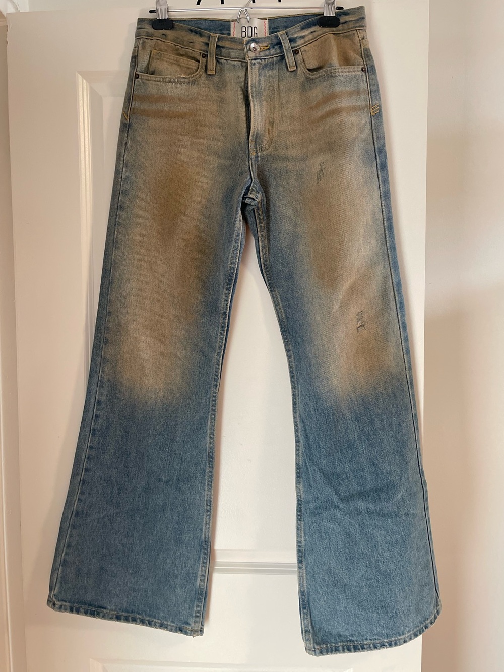 BDG Men's Blue Denim Bootcut Jeans with Tan Fade